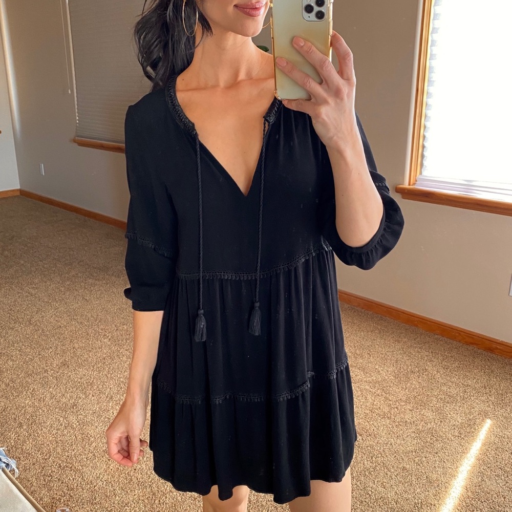 Divided Black V-Neck Tiered Mini Dress
